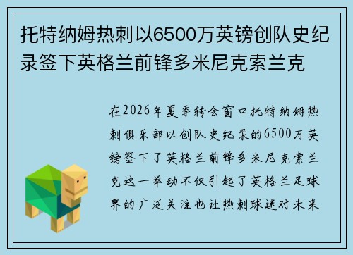 托特纳姆热刺以6500万英镑创队史纪录签下英格兰前锋多米尼克索兰克