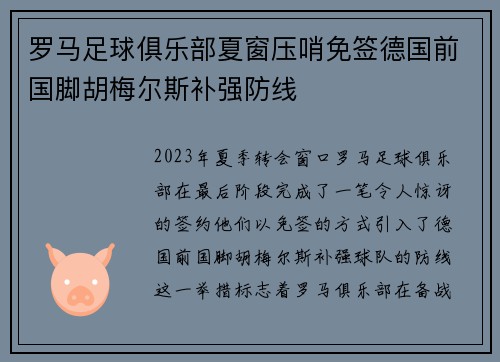 罗马足球俱乐部夏窗压哨免签德国前国脚胡梅尔斯补强防线 罗马足球俱乐部夏窗压哨免签德国前国脚胡梅尔斯补强防线