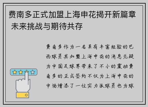 费南多正式加盟上海申花揭开新篇章 未来挑战与期待共存